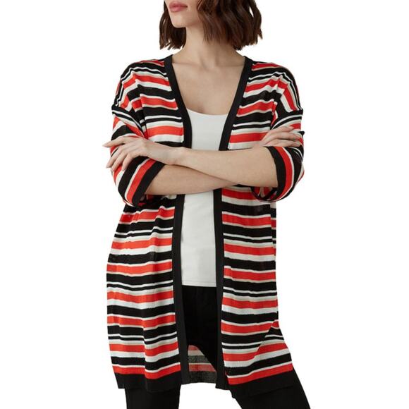 Karen Millen Sweaters - KAREN MILLEN Black Orange White Long Open Cardigan Stripe Side Slit Sz Medium M